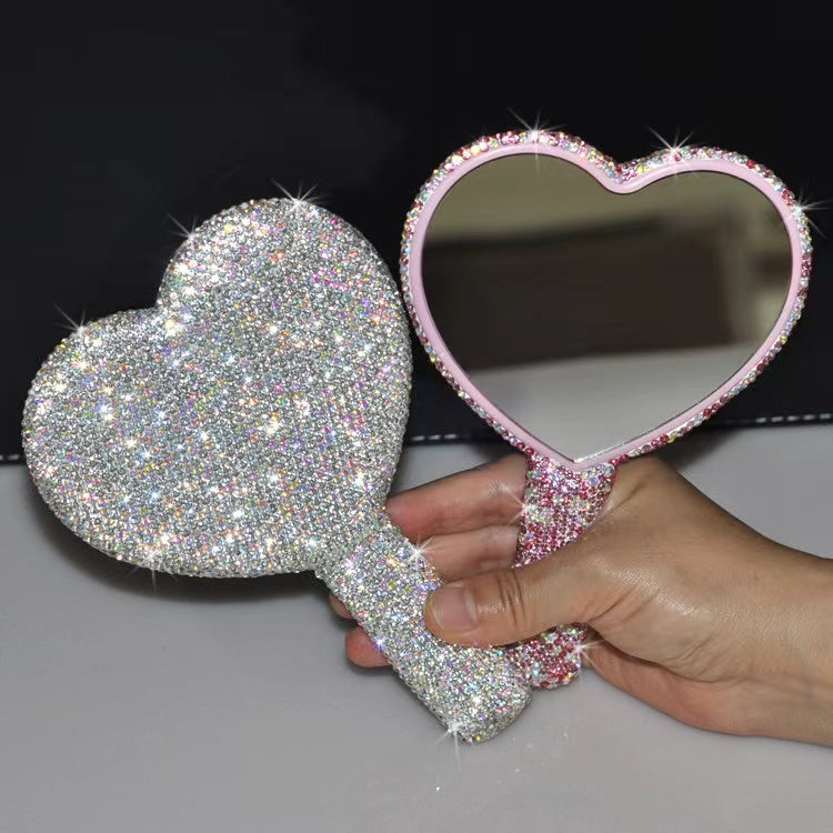 Espejo de mano grande de lujo con forma de corazón y purpurina